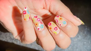 Easy colourful flower nail art on short natural nails at home for beginners nails nailart [upl. by Artimed]