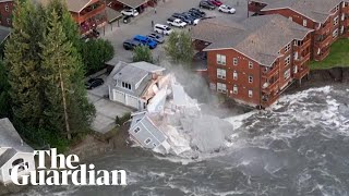 Drone footage shows moment house collapses into river in Alaska US [upl. by Andres]