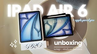 unboxing ipad air 6 m2 blue  apple pencil pro setup student discount [upl. by Emmerich269]