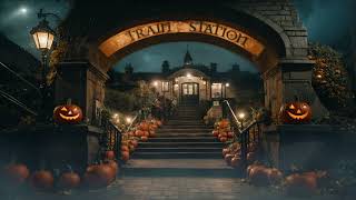 HalloweenThemed Train Station Ambience 🚂🎃🌙  Thunders Night Sounds Train Horns [upl. by Halika]