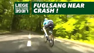 Fuglsang near crash   LiègeBastogneLiège 2019 [upl. by Neyrb]