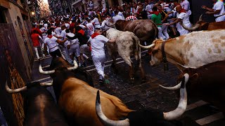 Running of the bulls takes place at Spanish festival [upl. by Llednyl574]