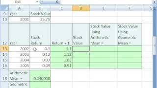 Excel Statistics 352 Geometric Average V Arithmetic Mean  Finance Example [upl. by Anele]