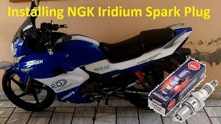 Installing Iridium spark plug in Karizma ZMR 225cc motorcycleIridium vs stock spark plug [upl. by Yelekreb]