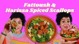 Fattoush Salad amp Seared Harissa Spiced Scallops  Fattoush  Scallops  Quick Meatless Monday Recipe [upl. by Nitsraek]