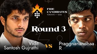 Round 3  Vidit Gujrathi  Praggnanandhaa R  FIDE Candidates 2024 [upl. by Airednaxela]