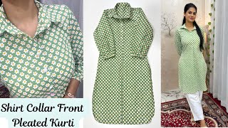 Shirt Collar Front Pleated Kurti Cutting And StitchingShirt Collar Cutting StitchingCollar Kurti [upl. by Cram]