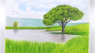 How To Draw A Landscape With Colored Pencils  Tree Drawing  Speed Drawing [upl. by Klecka]