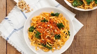 Tagliatelle with Kale and Pine Nuts in Truffle Porcini and Cream Sauce [upl. by Esoj]