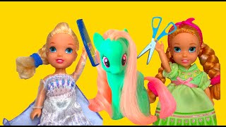 Elsa and Anna toddlers help style the ponies with messy hair  part 3 [upl. by Neelloc]