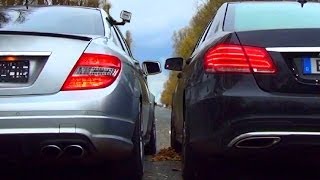 Mercedes C63 AMG vs Mercedes E500 V8 Biturbo SOUND BATTLE  Acceleration Exhaust revving W212 Revs [upl. by Cupo348]