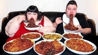 EATING THE WORLDS SPICIEST BLACK BEAN NOODLES WITH HUNGRY FAT CHICK • Mukbang amp Recipe [upl. by Amersham]