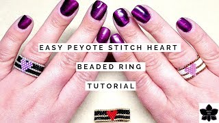 Easy Beaded Ring  Even Count Peyote  HEART amp STRIPES [upl. by Steep698]