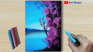 12  Oil Pastel Drawing  How to Draw Realistic Riverside Landscape Nature painting step by step [upl. by Edya]