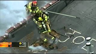 Roof collapse close call for firefighters [upl. by Oivalf]