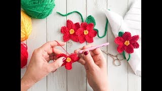 Flor de Navidad Nochebuena o Poinsettia tejida a crochet y tunecino 🎄  Tejiendo Perú [upl. by Sirej]