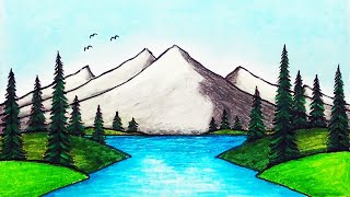 How to Draw Beautiful Mountain Lake  Easy Scenery Drawing [upl. by Rochemont702]