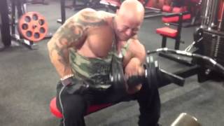 Gary Lister finishing biceps  Listers Universal gym [upl. by Atteuqihc50]