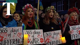 Crowds sing Ukrainian anthem outside Russian embassy in London [upl. by Finn]