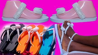 Making Sandals with pearls and Rhinestone fabric FINAL PARTweaving the handles [upl. by Nnylecoj]