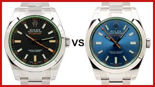 ▶ Rolex Milgauss Green Sapphire Crystal black vs blue Dial COMPARISON  116400 [upl. by Pollyanna179]