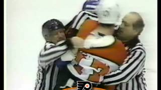 Apr 11 1985 George McPhee vs Ed Hospodar New York Rangers vs Philadelphia Flyers [upl. by Ztnaj]