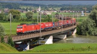 Eisenbahnbrücke Oberrüti  Rotkreuz mit SBB Re 44 Re 66 und BR 185 [upl. by Barra]