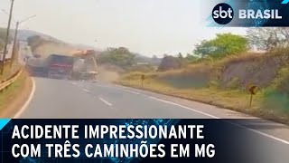 Imagens impressionantes mostram acidente envolvendo três caminhões em MG  SBT Brasil 120924 [upl. by Eilama18]