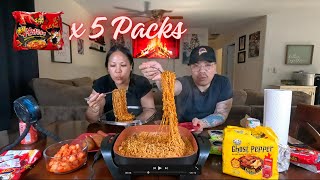 5 Packs Of Samyang Buldak 2x Spicy Noodles Mukbang Feast 🔥🍜🥵 [upl. by Ataynek]