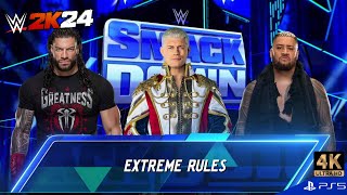 WWE 2K24 Brutal Match Roman Reigns vs Cody Rhodes vs Solo Sikoa  Extreme Rules 4K PS5 Gameplay [upl. by Map]