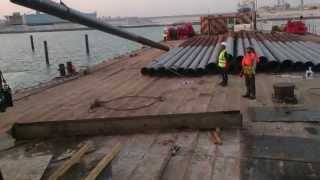 Driving Long Pile with Hammer Machine Marine Works [upl. by Renita]