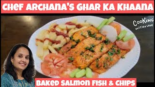 Oven Baked Salmon Fish amp chips Recipe  Thanksgiving Special सैल्मन मछली और चिप्स [upl. by Nofpets892]