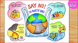 Plastic Bag Free Day Poster Drawing  stop plastic chart project  ban plastic [upl. by Aschim]