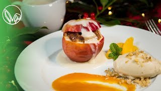 Weihnachtsessen Rezept  Die NachtischGRANATE Gesunder Bratapfel mit Vanillesoße vegan ölfrei [upl. by Gnahc]