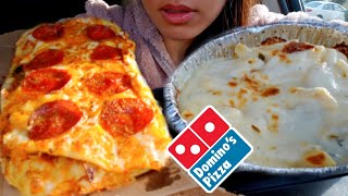 ASMR EATING Dominos PIZZA Pepperoni CHEESY BREAD ALFREDO Pasta CAR MUKBANG REAL Eating Sounds 먹방 [upl. by Eanyl289]