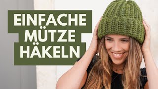 Mütze häkeln für Anfänger  Beanie im Patentmuster einfach gehäkelt [upl. by Htiekal]