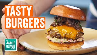 Tasty Homemade Burgers  Jamie Oliver Recipes [upl. by Towland630]