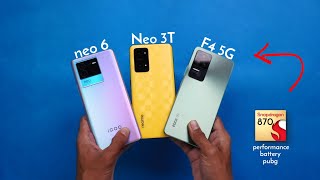 Realme GT Neo 3T vs Poco F4 vs IQOO Neo 6  PerformanceBatteryCamera amp Pubg Graphics 🤩 [upl. by Leod]