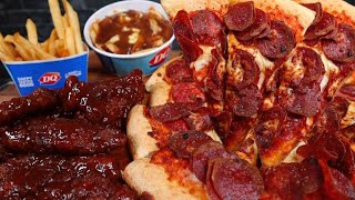 ASMR Pizza Hut Pepperoni amp Cheese Pizza DQ Honey BBQ Tenders Poutine And Fries Mukbang [upl. by Nonnahsed]