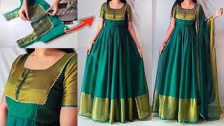 Convert saree into designer long dressfrockgown  potli buttons long frock stitching Step by Step [upl. by Tisbe249]