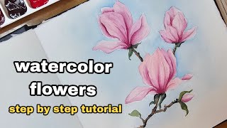 گل مگنولیا آبرنگی و ساده بکشیم watercolor flowers for beginners magnolia tutorial [upl. by Toshiko]