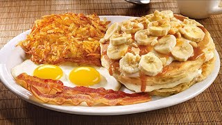 Dennys Salted Caramel amp Banana Cream Pancake Breakfast Review  WE Shorts [upl. by Tabor]