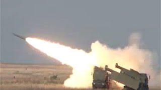 GMLRS Guided Multiple Launch Rocket system launched from HIMARS mobile artillery launcher [upl. by Yrro]