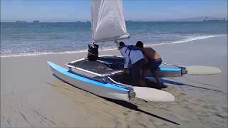 Hobie 14 Catamaran First Timers Sailing One man over board [upl. by Morehouse]