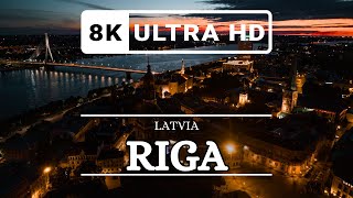 Riga at night Latvia  8k drone footage [upl. by Nissie]