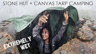 Heavy Rain Camping in Tiny Stone Hut with Canvas Tarp for Roof [upl. by Wardle]