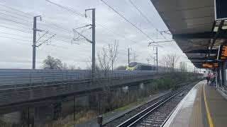 Eurostar class 373 passes Ashford Flyover HS1 with arcing from Pantograph at end [upl. by Ogirdor593]