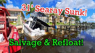 31 Searay Boat Sinking at the Dock Salvage Refloat amp Finding the Problem amp Temporary Patching [upl. by Ydnes]