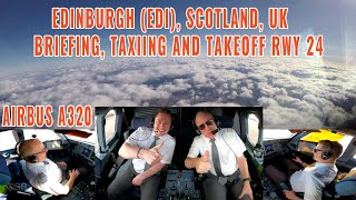 Edinburgh EDI  Briefing taxiing  departure runway 24  Airbus A320 cockpit  pilots  charts [upl. by Anagnos]