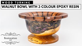 Woodturning  Walnut with 3 Colour Epoxy Resin  Restoration DIY [upl. by Beka870]